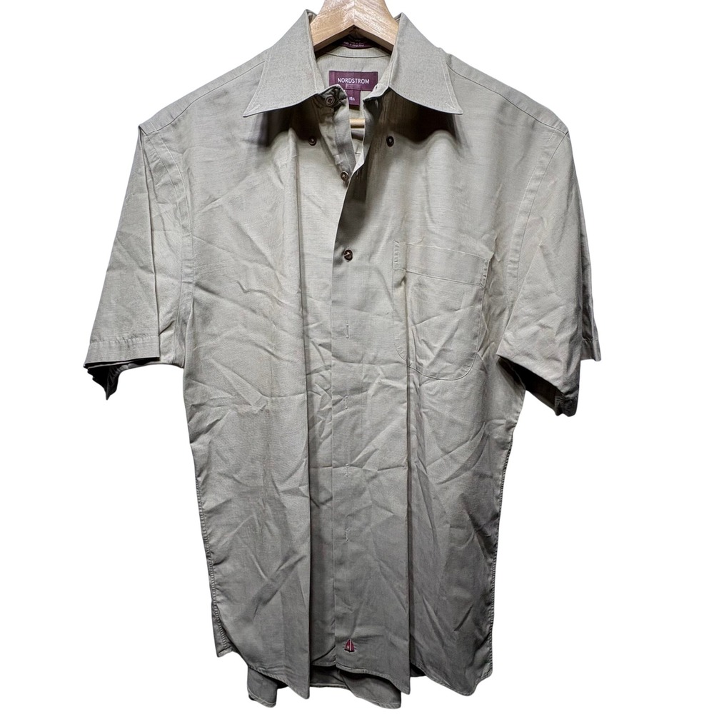 Nordstrom Shirt Mens 15.5 Tan Khaki Cotton Short Sleeve Button Down Sailboat Log